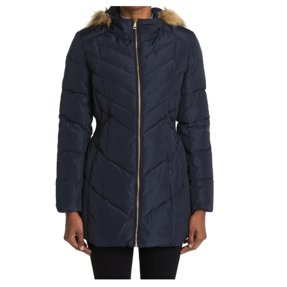 Cole Haan Puffer Down Faux Fur Trim Hooded Coat